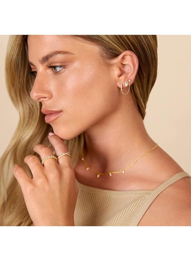 Ucanbe 14K Gold Chain Earrings for Women – Double Piercing Dangle Chain Huggie Hoop with CZ Pearl Stud Ear Cuff - Image 4